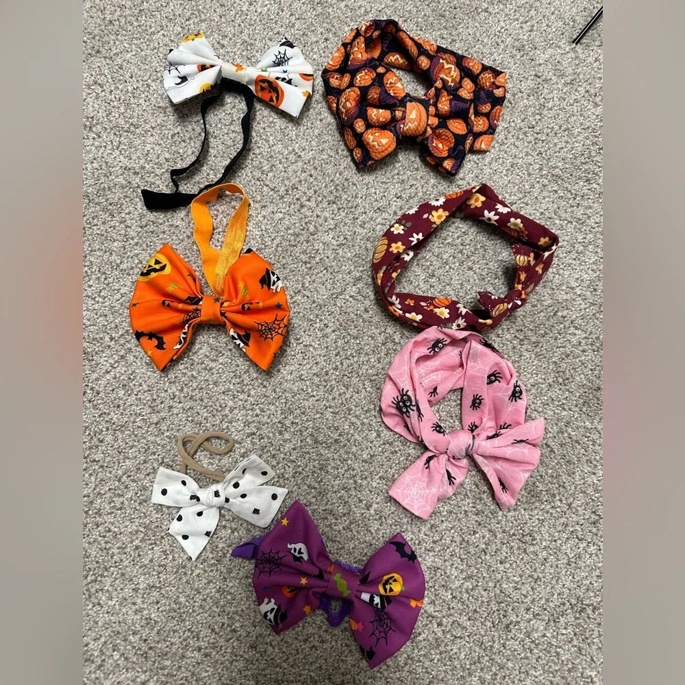 Lot of 7 Baby Girl Fall Halloween Headband with Bows. Pumpkins, spiders, ghosts